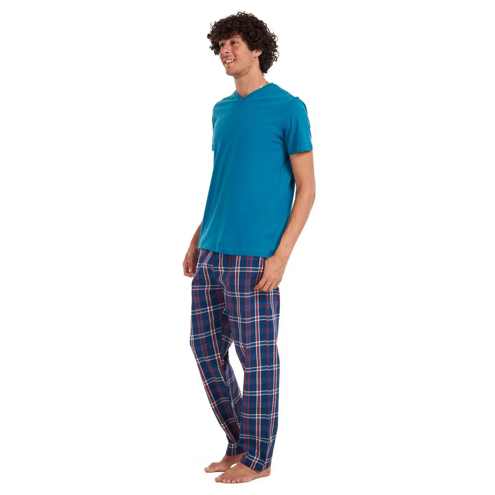 Men summer pajama set Teal T-shirt + Dark blue × Red checkered pants - Image 2