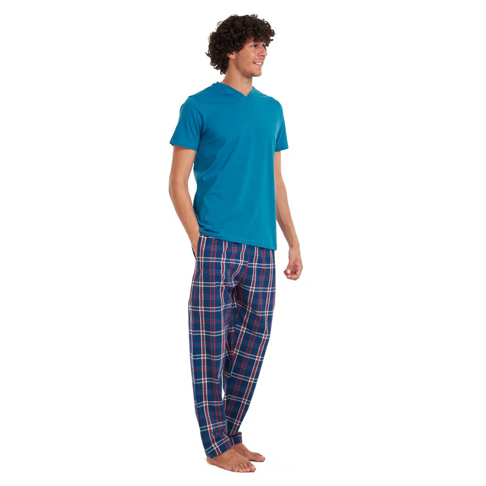 Men summer pajama set Teal T-shirt + Dark blue × Red checkered pants - Image 3