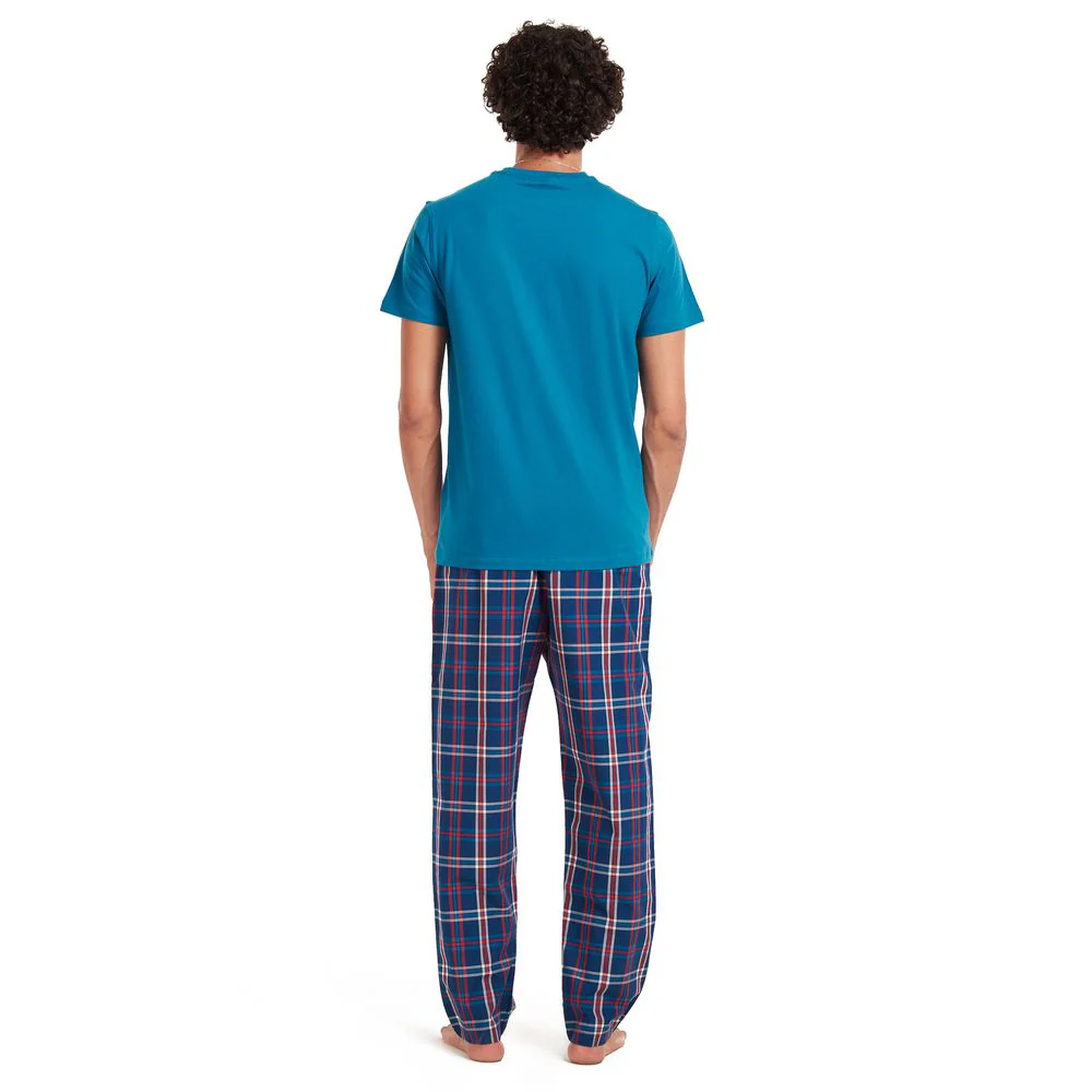 Men summer pajama set Teal T-shirt + Dark blue × Red checkered pants - Image 4