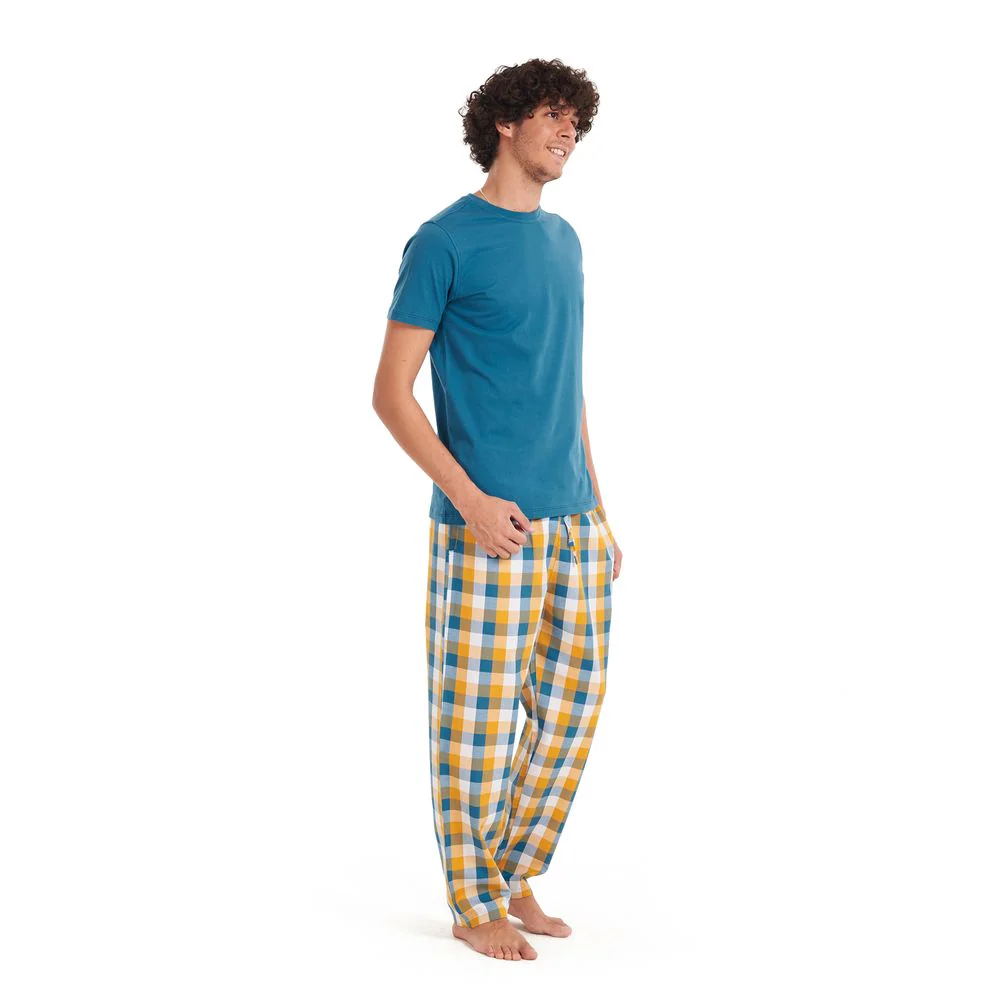 Men summer pajama set Teal T-shirt + Yellow checkered pants - Image 2