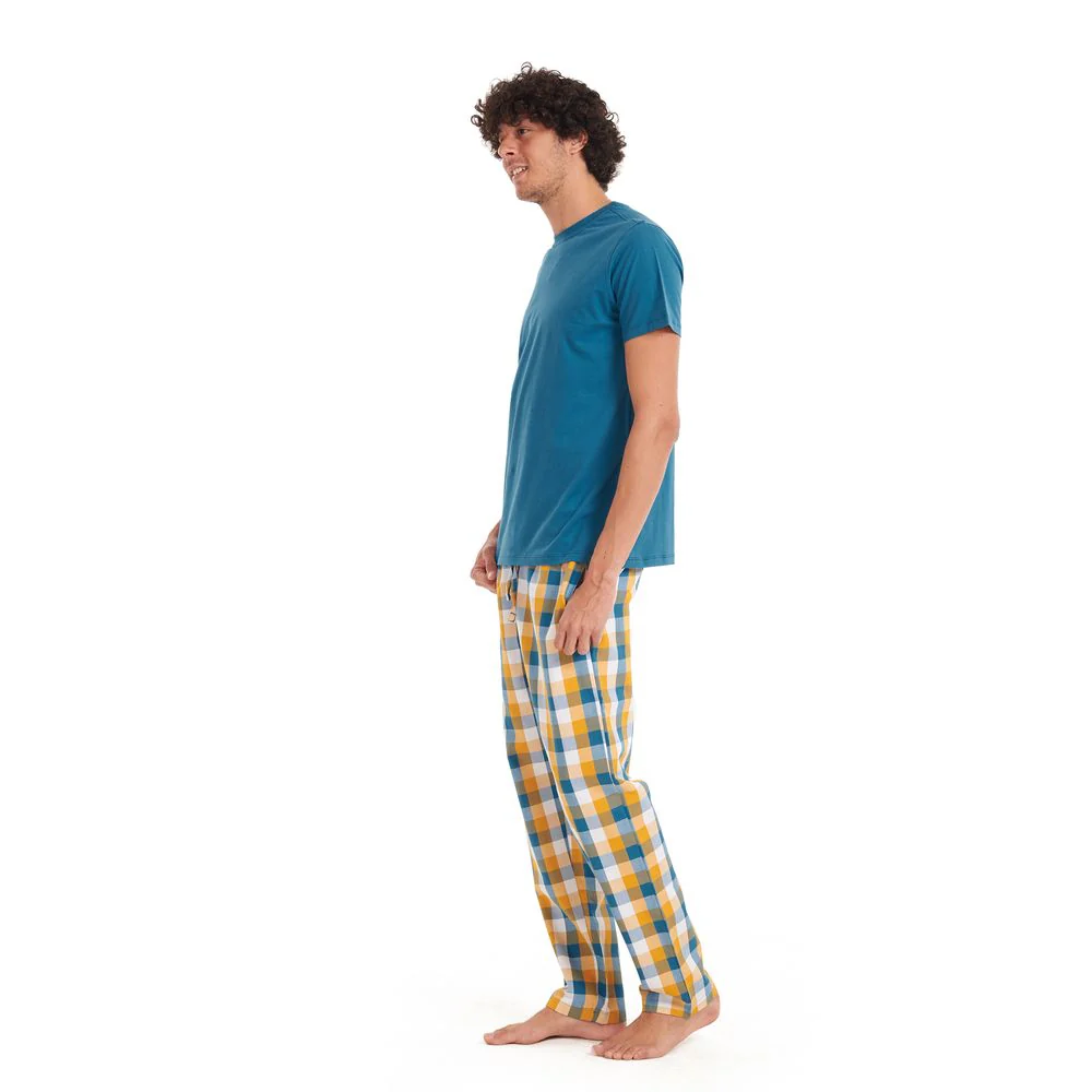 Men summer pajama set Teal T-shirt + Yellow checkered pants - Image 3