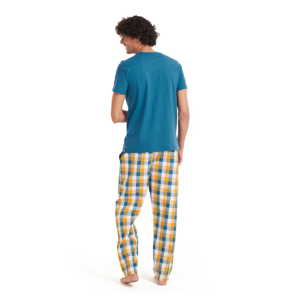 Men summer pajama set Teal T-shirt + Yellow checkered pants - Image 4
