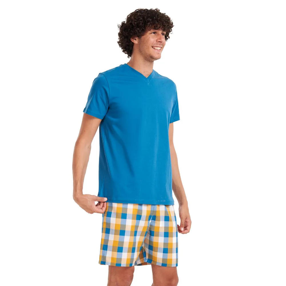 Men summer pajama set Teal T-shirt + Yellow checkered shorts - Image 2