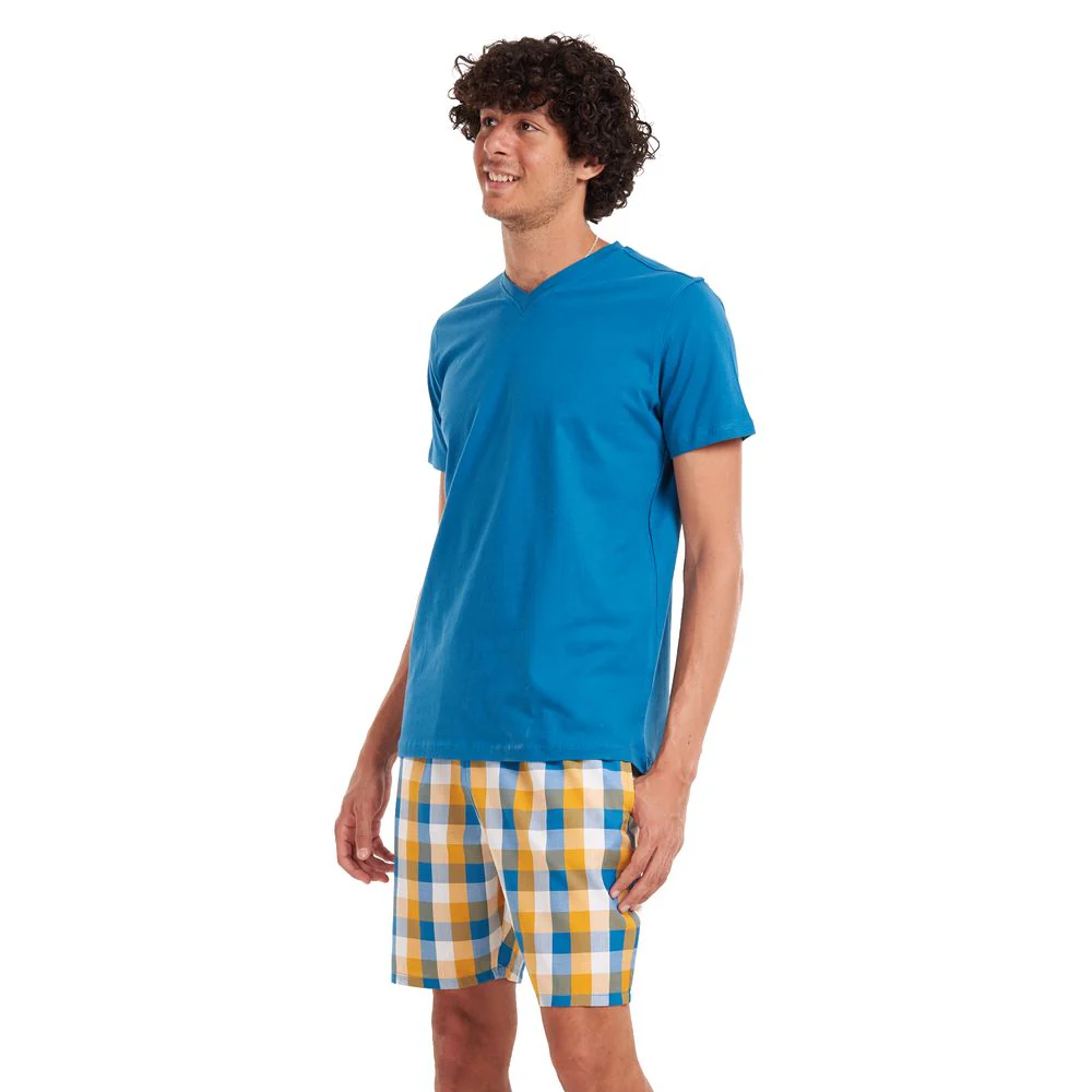 Men summer pajama set Teal T-shirt + Yellow checkered shorts - Image 3