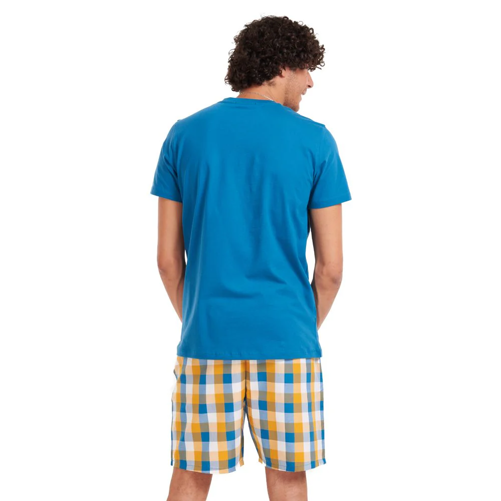 Men summer pajama set Teal T-shirt + Yellow checkered shorts - Image 4