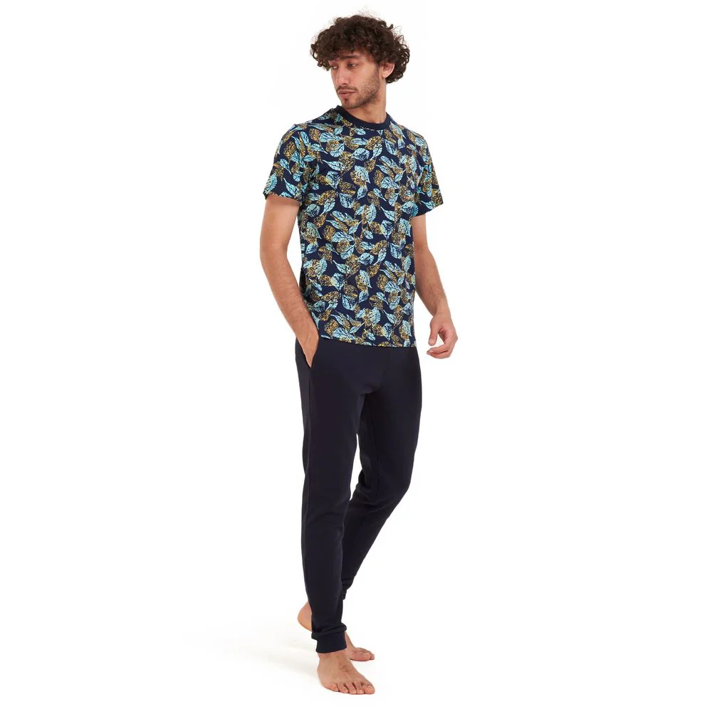 Men summer pajama set Turquoise leaves t-shirt +Dark blue pants - Image 2