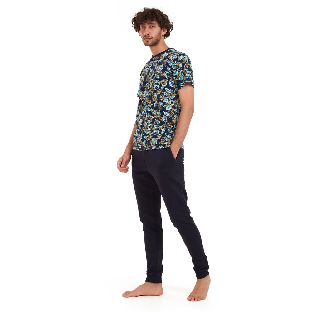 Men summer pajama set Turquoise leaves t-shirt +Dark blue pants - Image 3