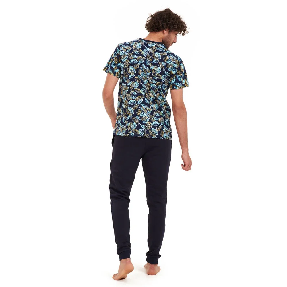 Men summer pajama set Turquoise leaves t-shirt +Dark blue pants - Image 4