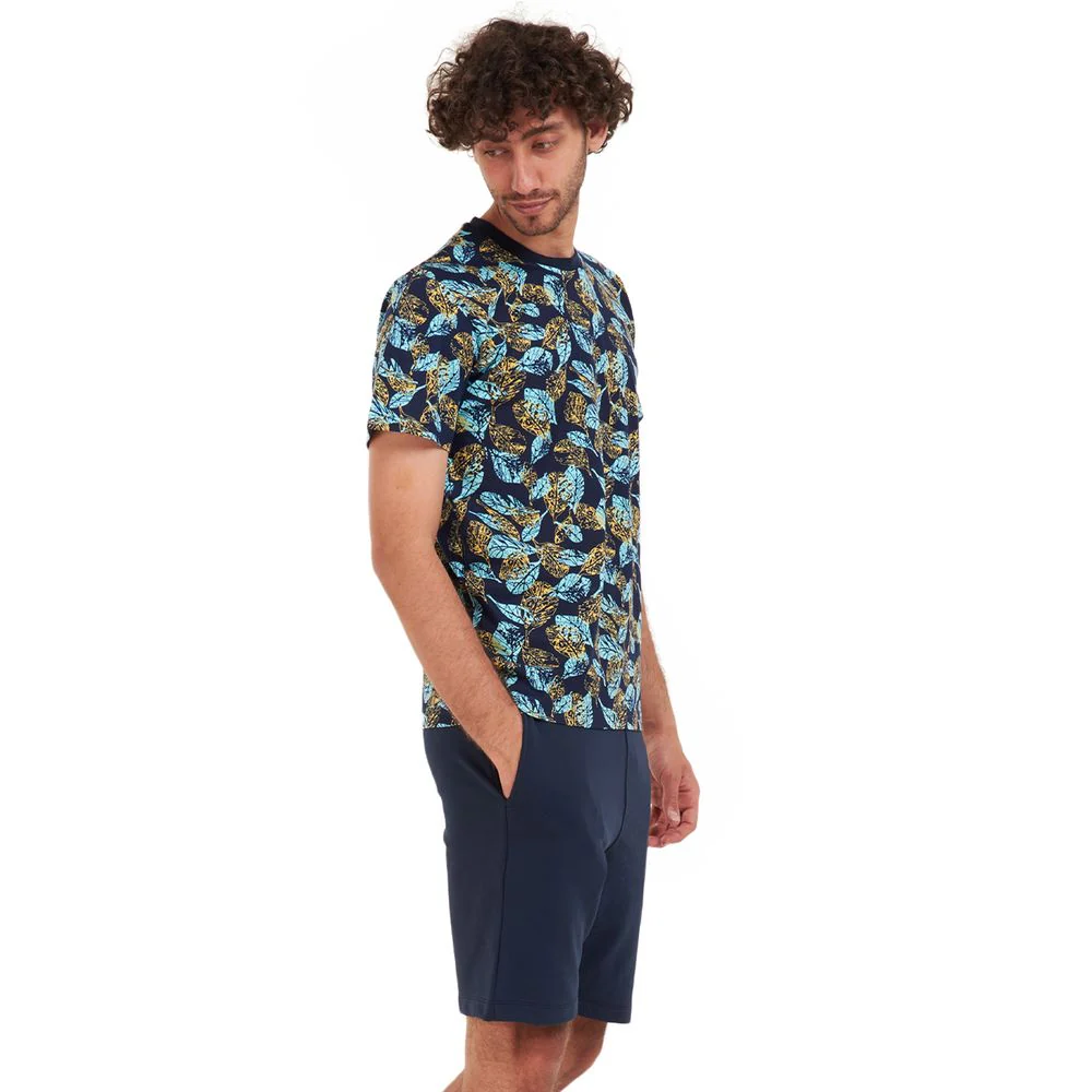 Men summer pajama set Turquoise leaves t-shirt +Dark blue shorts - Image 2