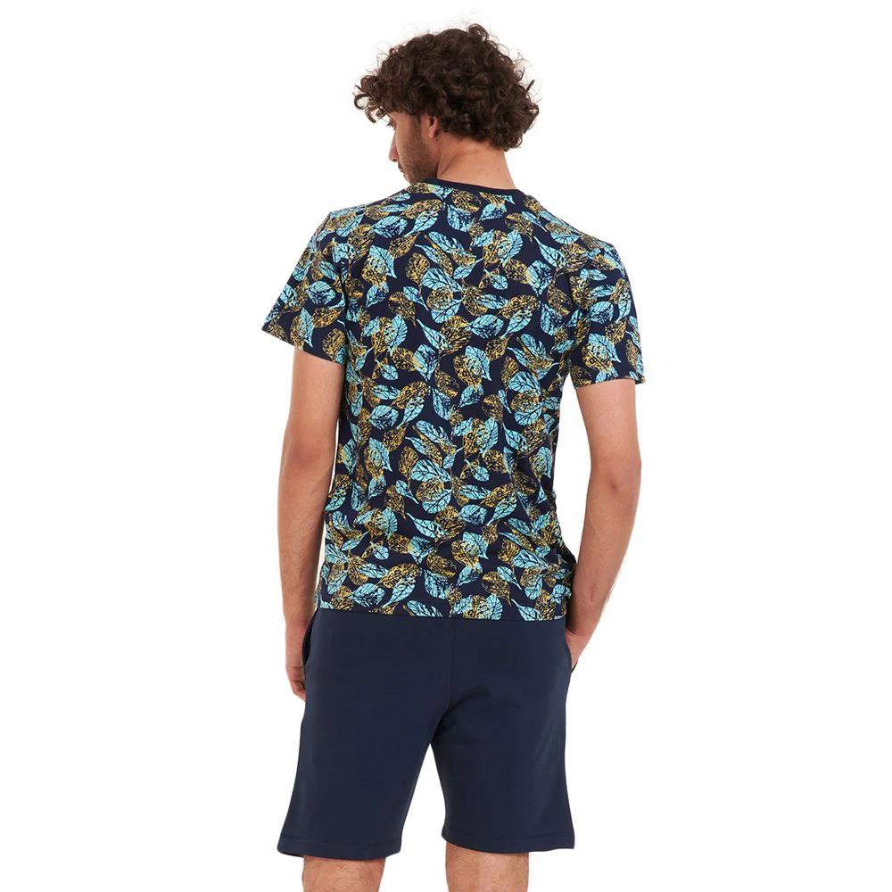 Men summer pajama set Turquoise leaves t-shirt +Dark blue shorts - Image 3