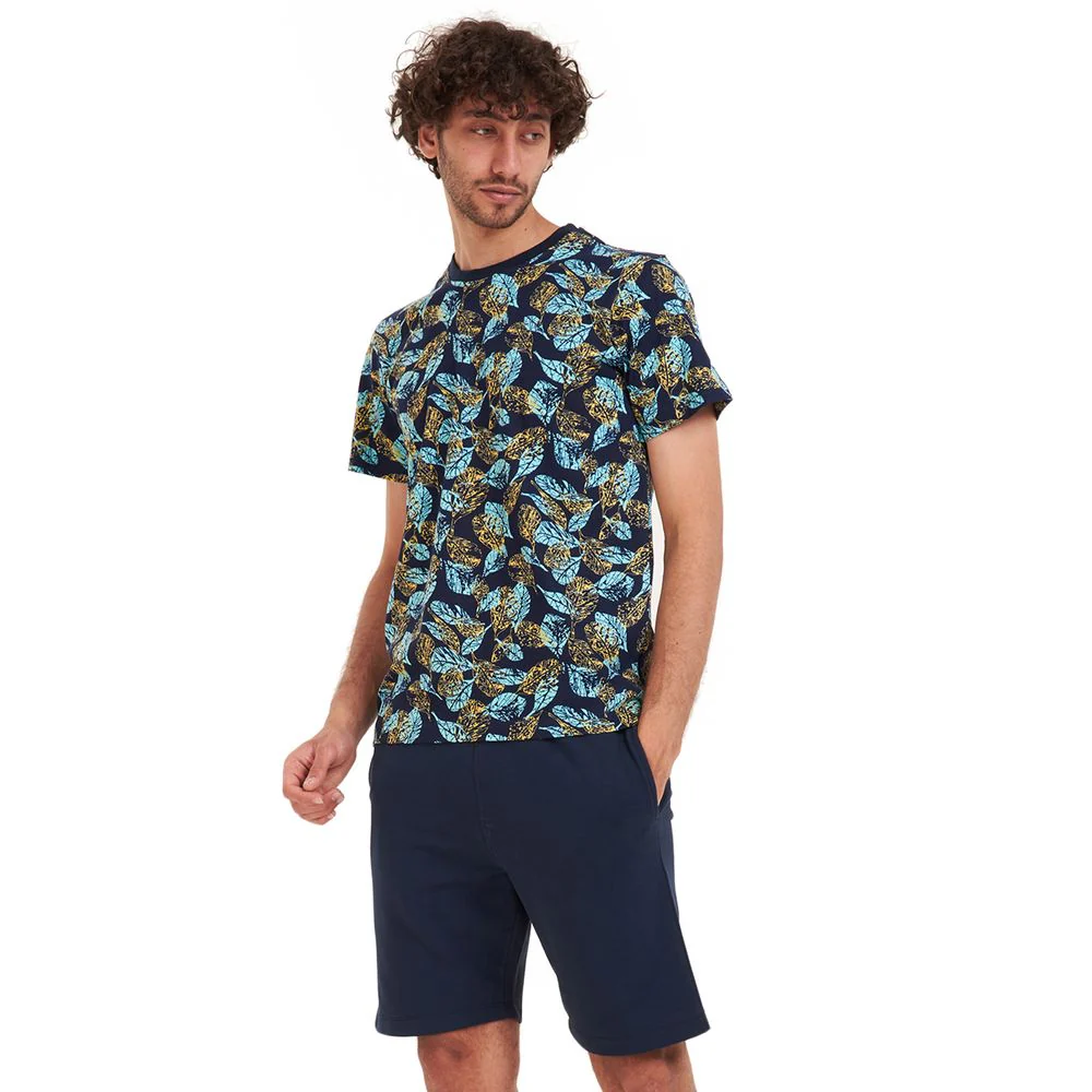 Men summer pajama set Turquoise leaves t-shirt +Dark blue shorts - Image 4