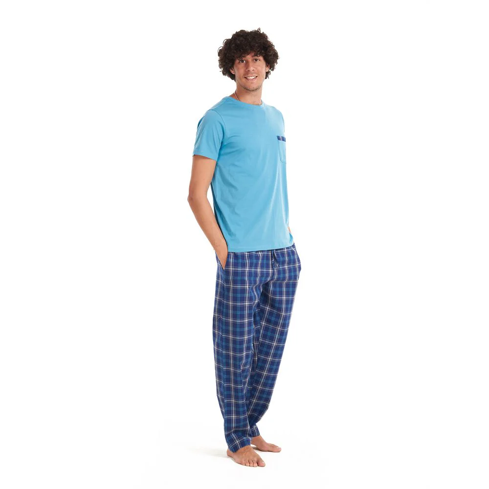 Men summer pajama set Turquoise T-shirt + Dark blue x turquoise checkered pants - Image 2