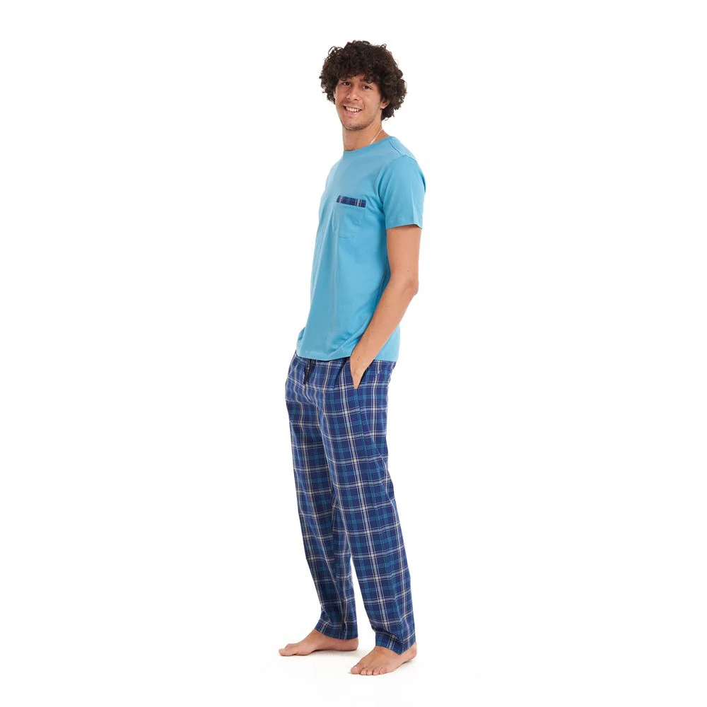 Men summer pajama set Turquoise T-shirt + Dark blue x turquoise checkered pants - Image 3