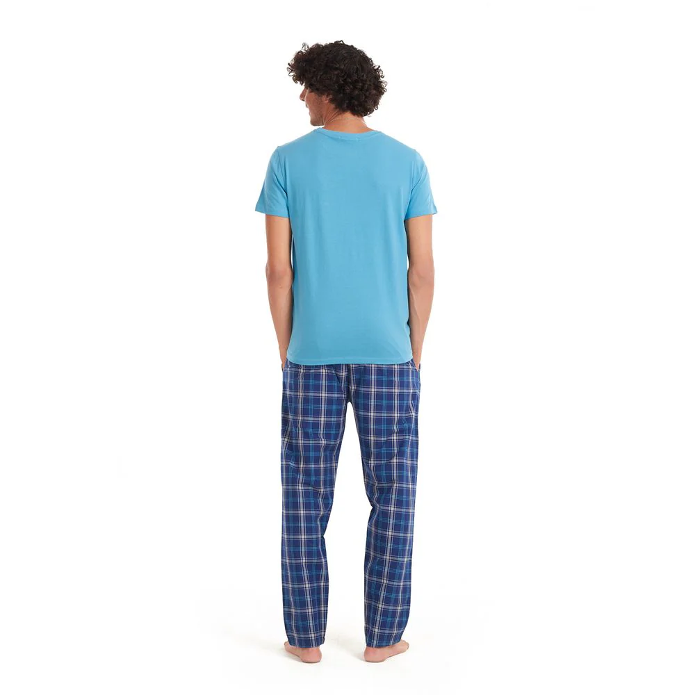Men summer pajama set Turquoise T-shirt + Dark blue x turquoise checkered pants - Image 4