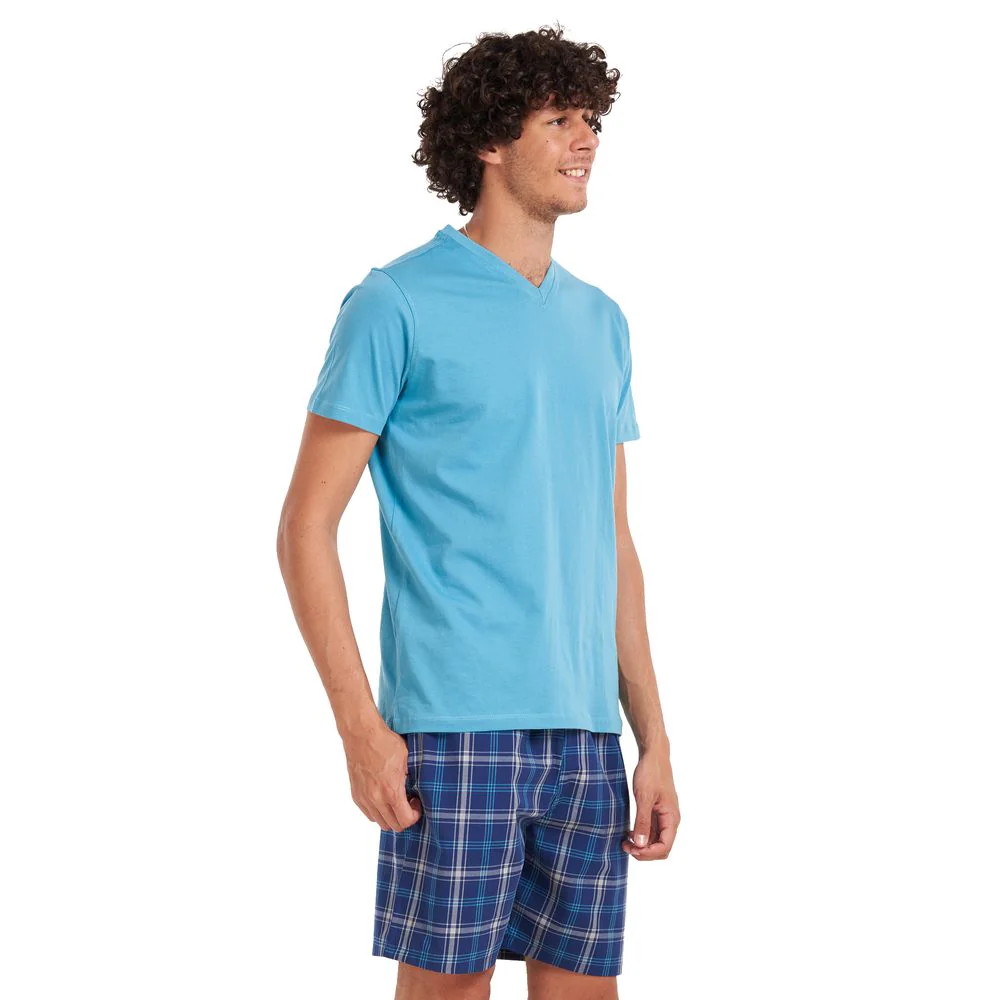 Men summer pajama set Turquoise T-shirt + Dark blue x turquoise checkered shorts - Image 2