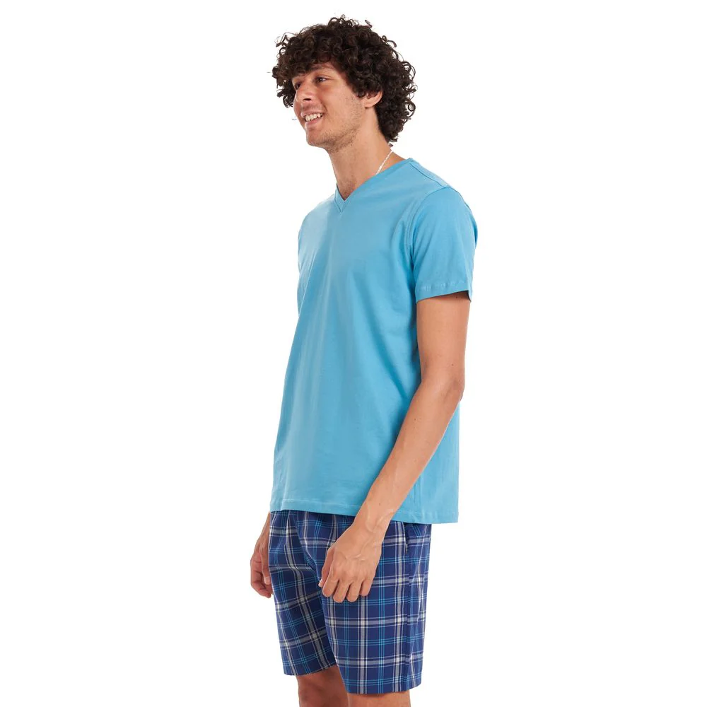 Men summer pajama set Turquoise T-shirt + Dark blue x turquoise checkered shorts - Image 3