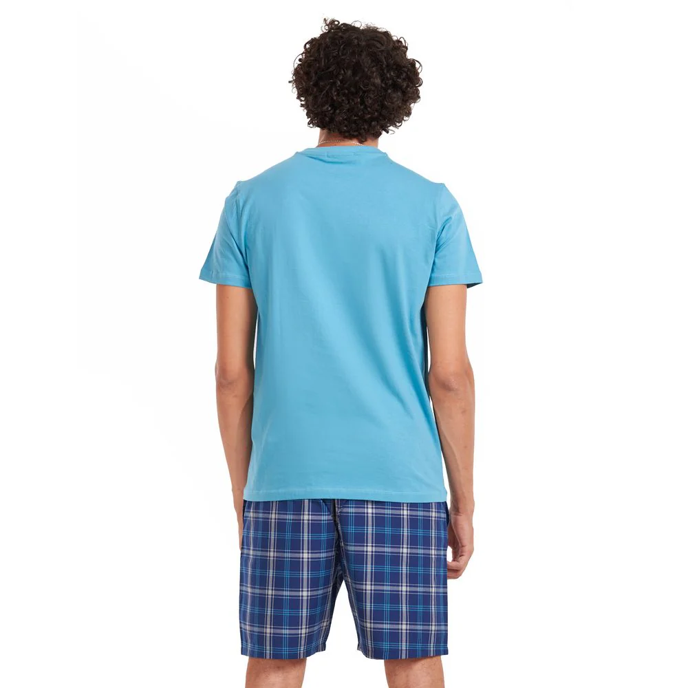 Men summer pajama set Turquoise T-shirt + Dark blue x turquoise checkered shorts - Image 4