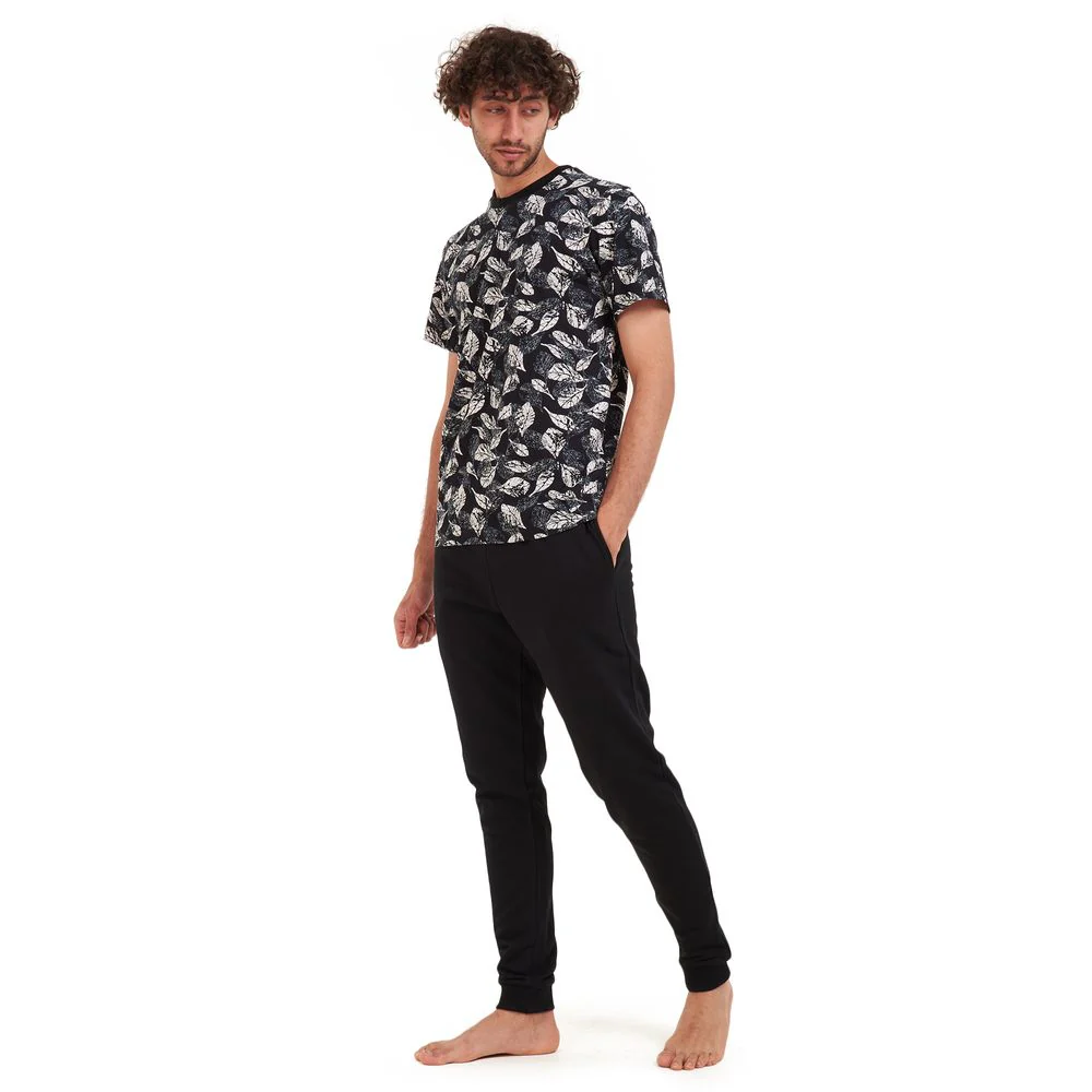 Men summer pajama set White leaves T-shirt +Black pants - Image 2