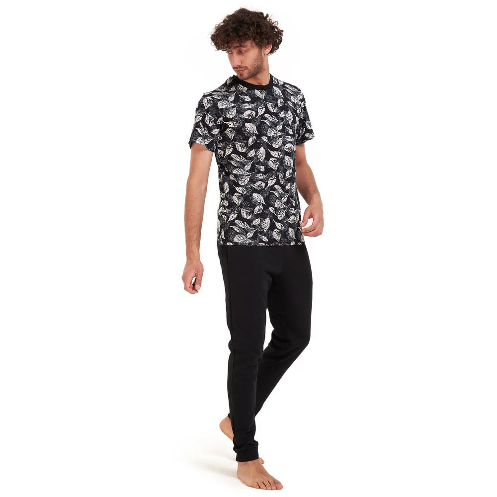 Men summer pajama set White leaves T-shirt +Black pants - Image 3