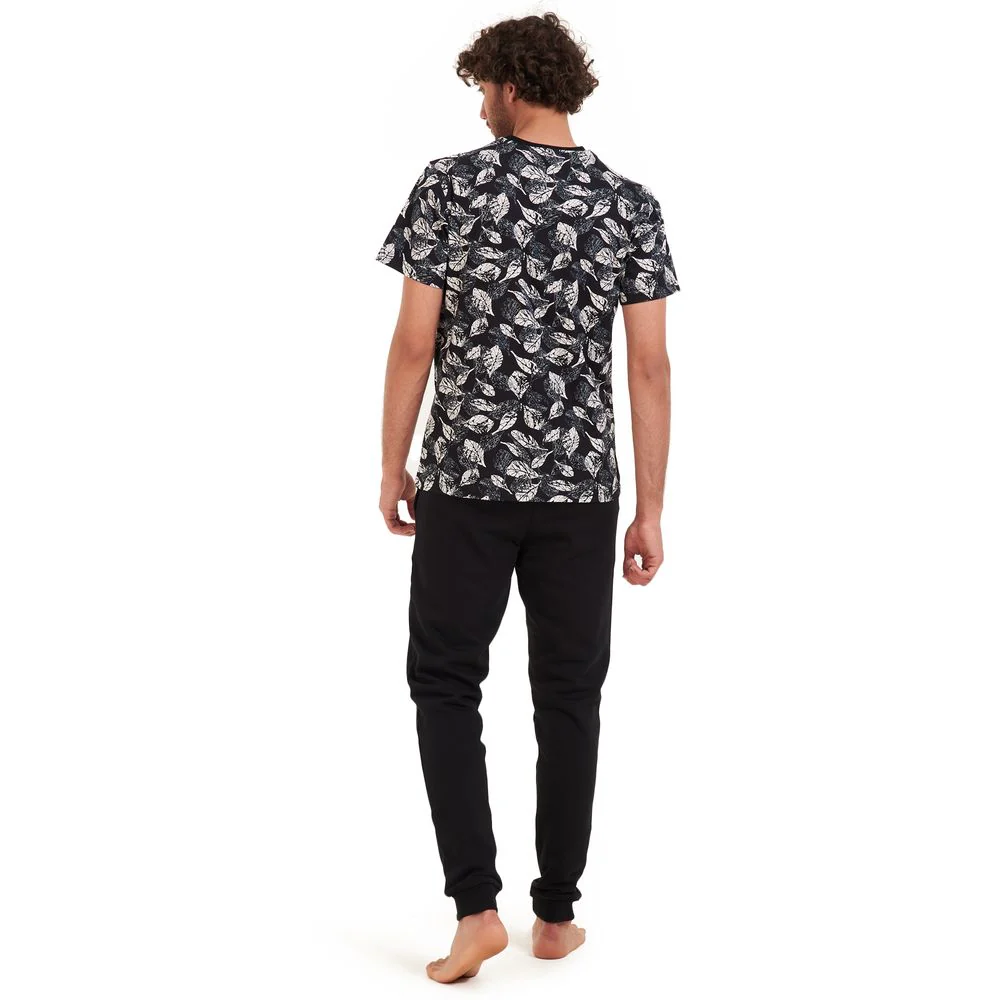 Men summer pajama set White leaves T-shirt +Black pants - Image 4