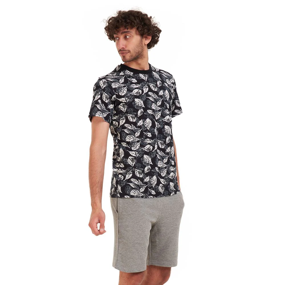 Men summer pajama set White leaves T-shirt +Dark grey shorts - Image 2