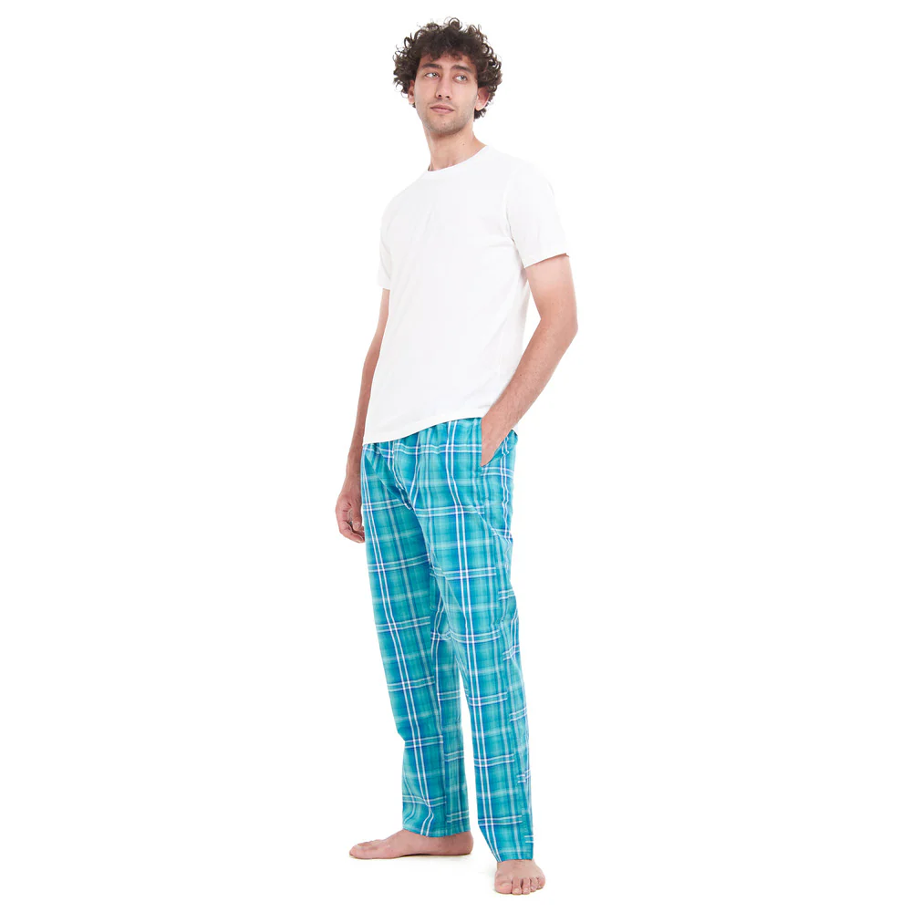 Men summer pajama set White T-shirt + Aqua x Green Checkered pants - Image 2