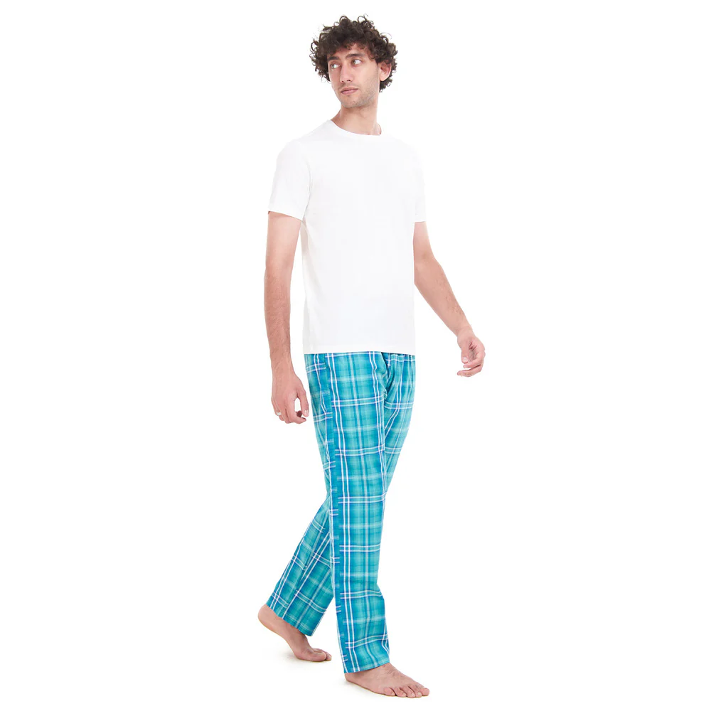 Men summer pajama set White T-shirt + Aqua x Green Checkered pants - Image 3