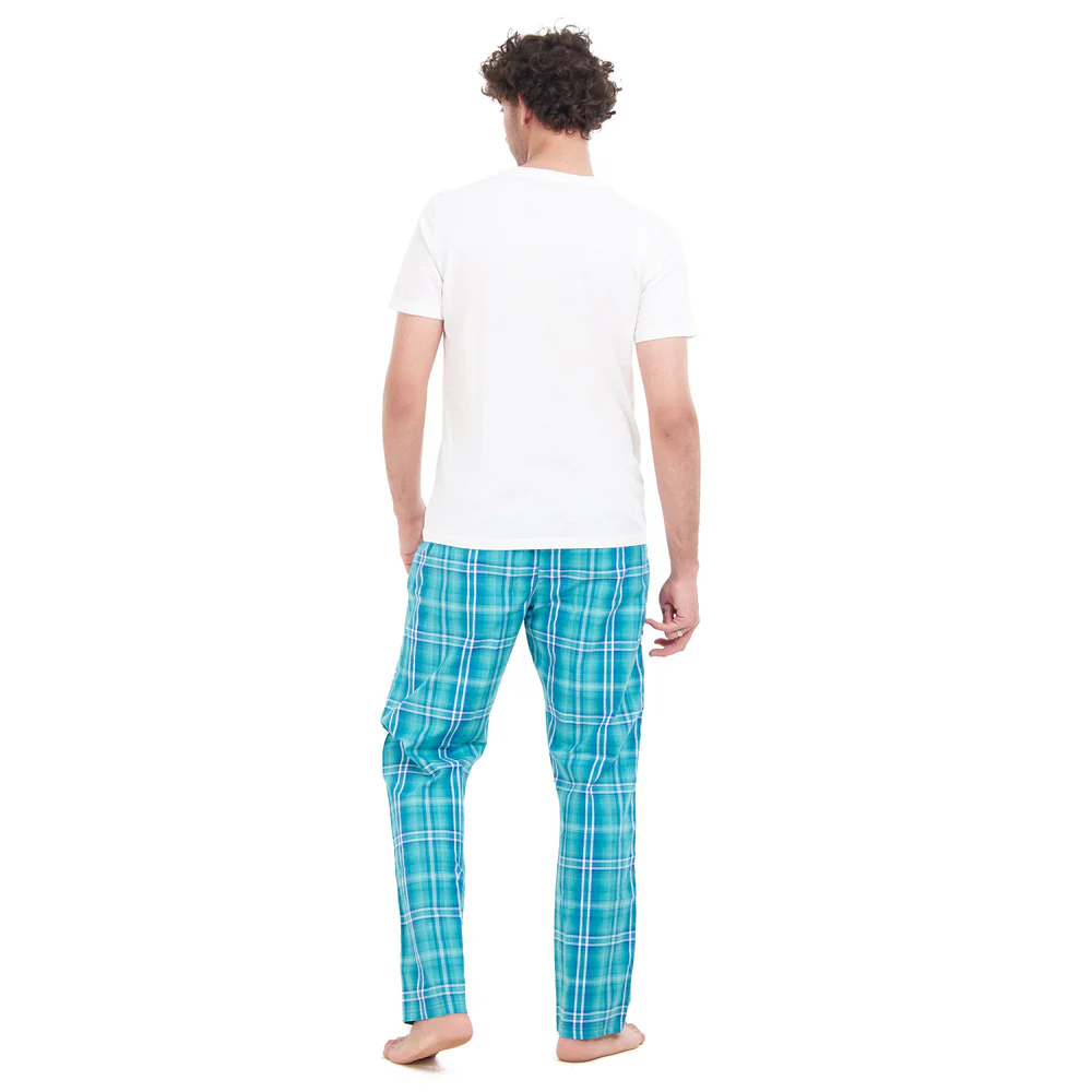 Men summer pajama set White T-shirt + Aqua x Green Checkered pants - Image 4