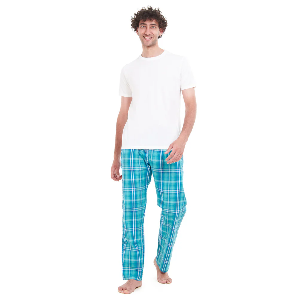 Men summer pajama set White T-shirt + Aqua x Green Checkered pants - Image 5