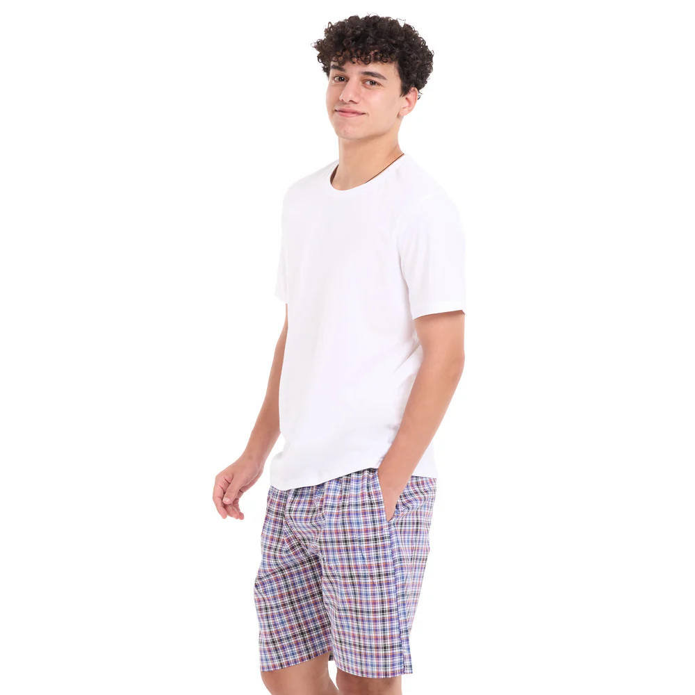 Men summer pajama set White T-shirt + Black x Dark purple Checkered shorts - Image 2