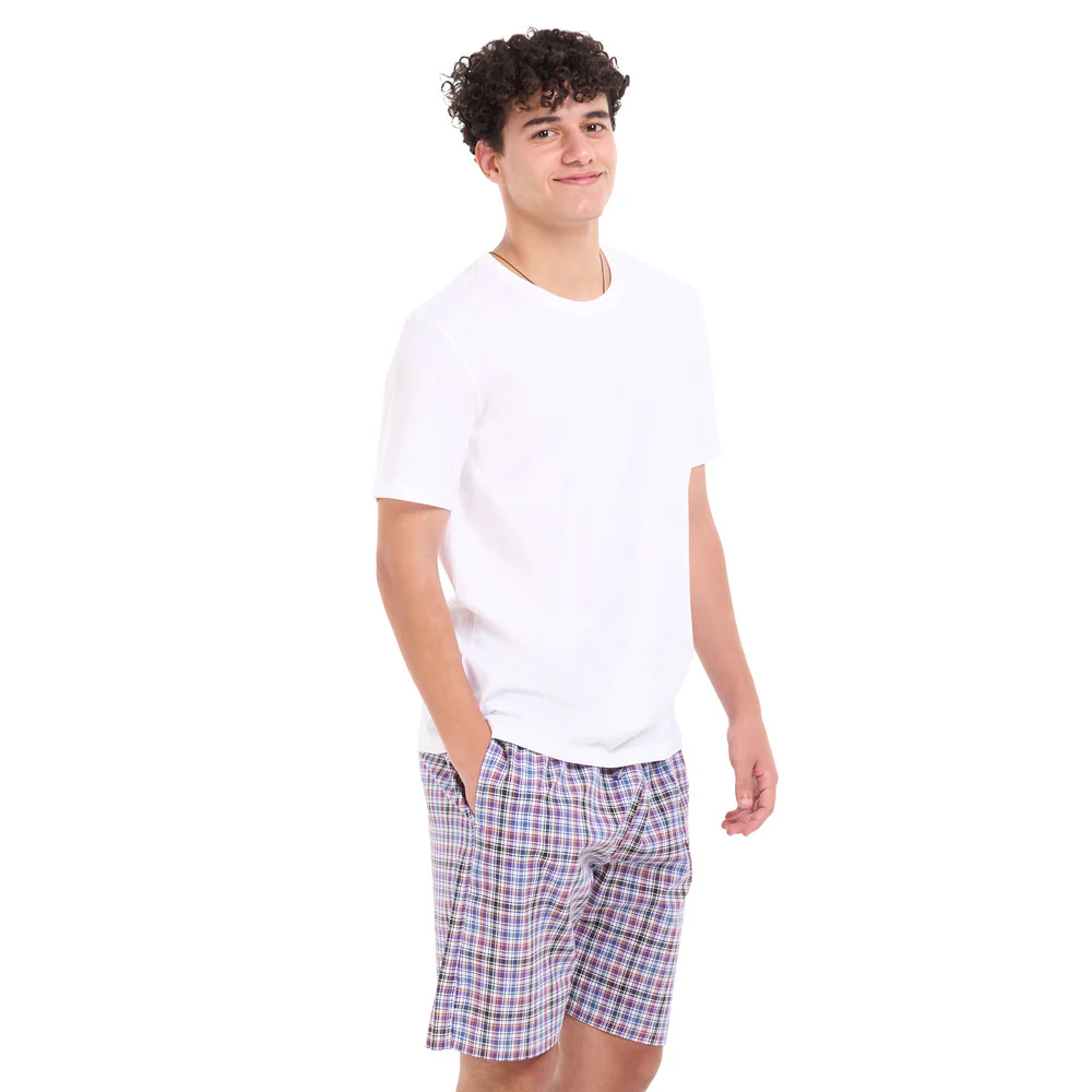 Men summer pajama set White T-shirt + Black x Dark purple Checkered shorts - Image 3