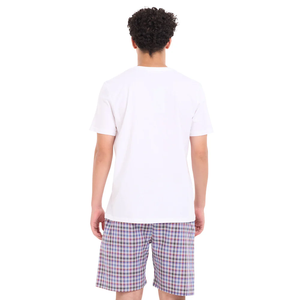Men summer pajama set White T-shirt + Black x Dark purple Checkered shorts - Image 4
