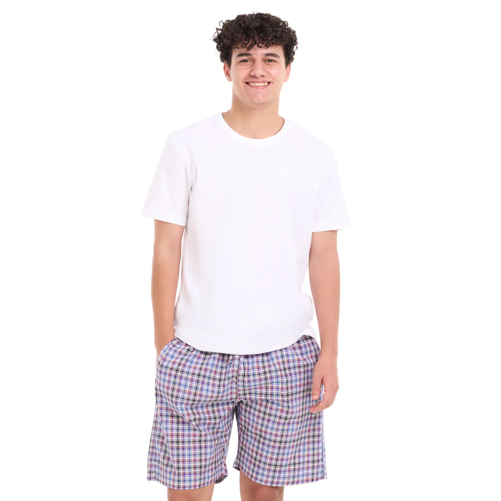 Men summer pajama set White T-shirt + Black x Dark purple Checkered shorts - Image 5
