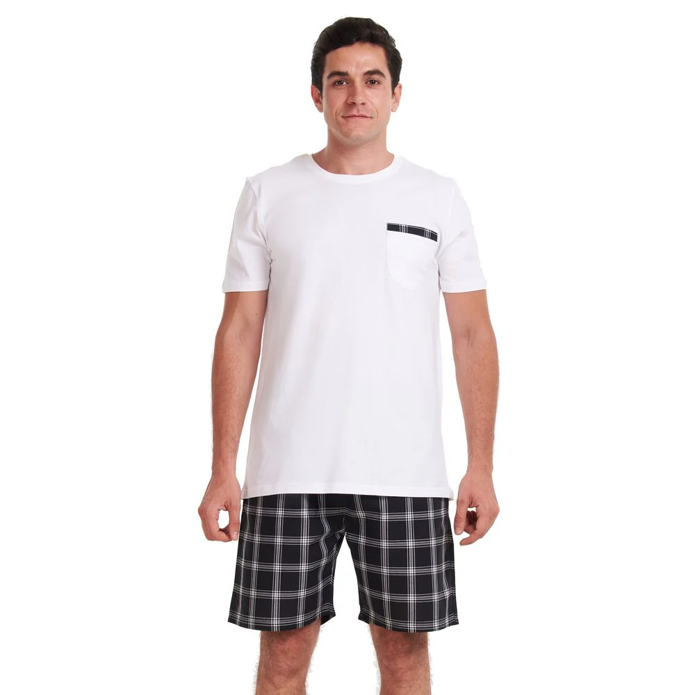 Men summer pajama set White t-shirt + Black x Grey checkered shorts - Image 3
