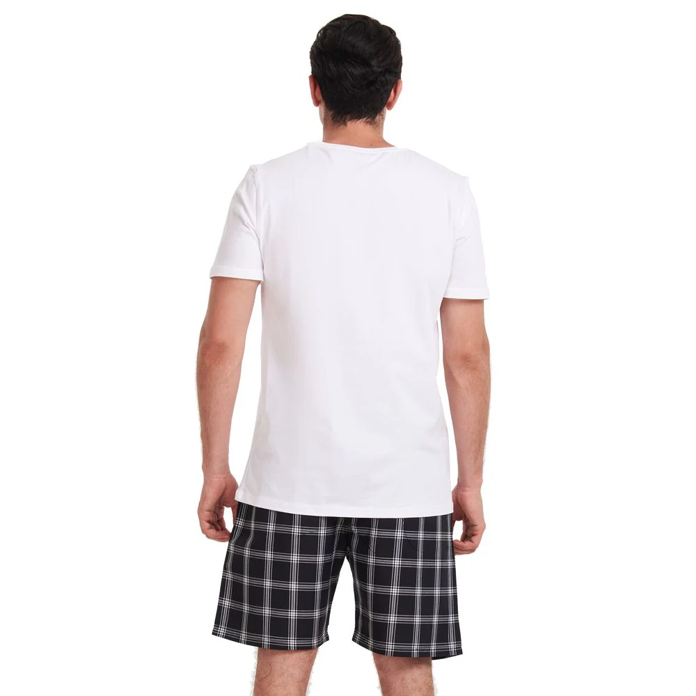 Men summer pajama set White t-shirt + Black x Grey checkered shorts - Image 4
