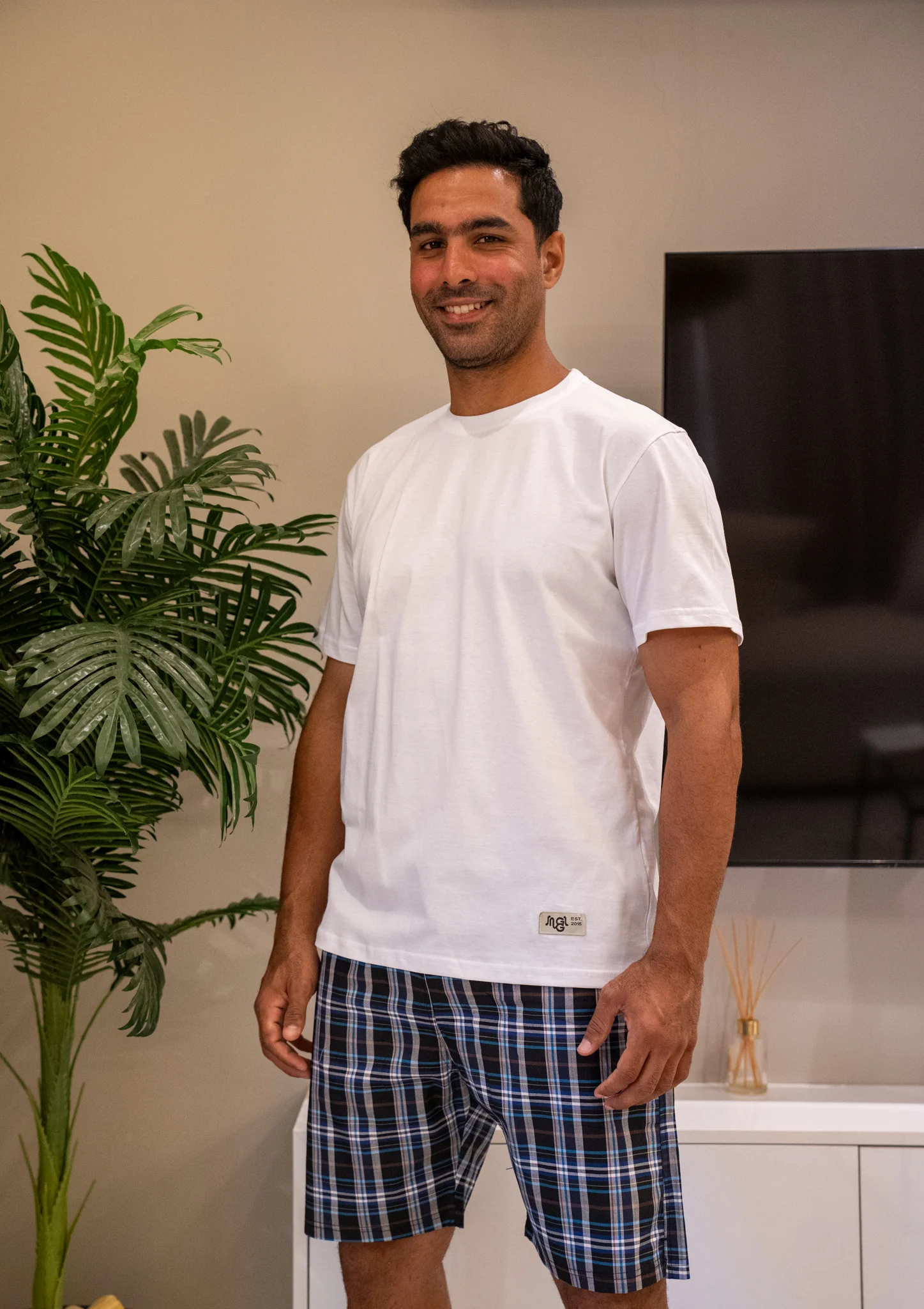 Men summer pajama set White T-shirt + Black X White X Blue Plaid Short - Image 2