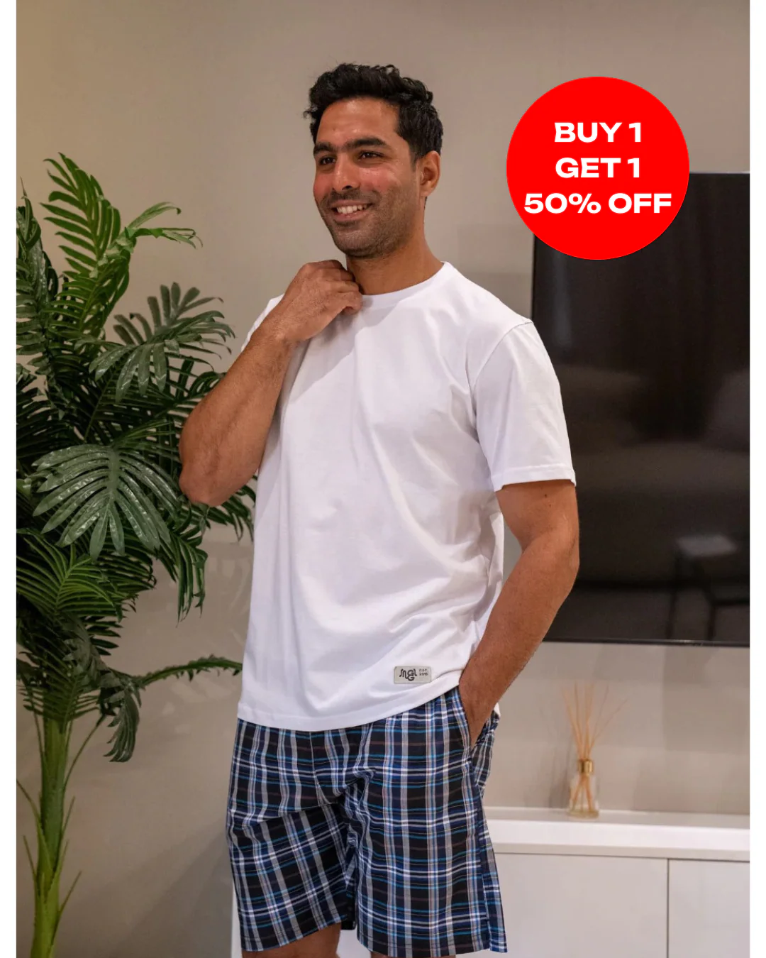 Men summer pajama set White T-shirt + Black X White X Blue Plaid Short - Image 3