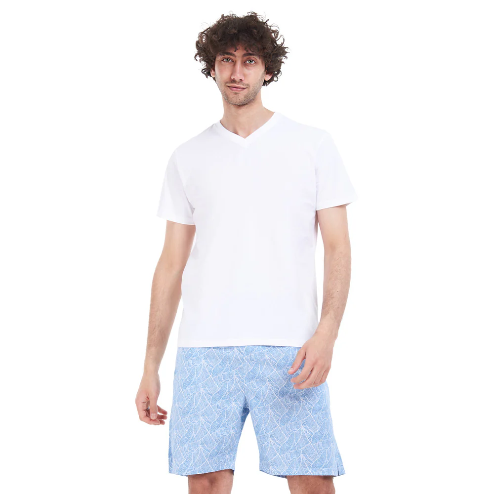 Men summer pajama set White T-shirt + Blue lined leaves short - Image 2