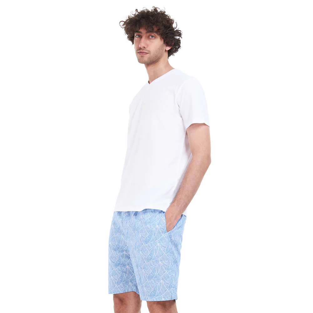 Men summer pajama set White T-shirt + Blue lined leaves short - Image 3