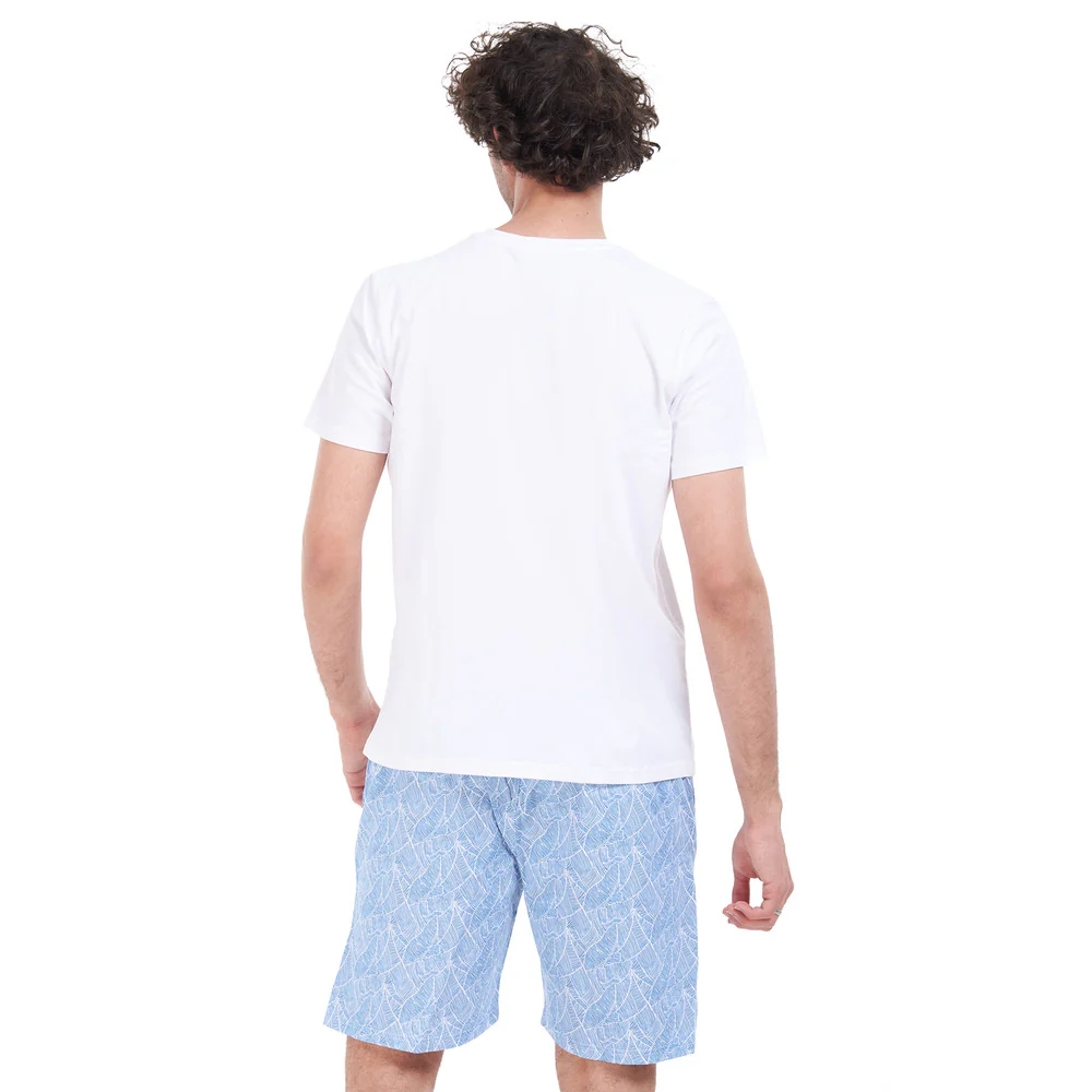 Men summer pajama set White T-shirt + Blue lined leaves short - Image 4