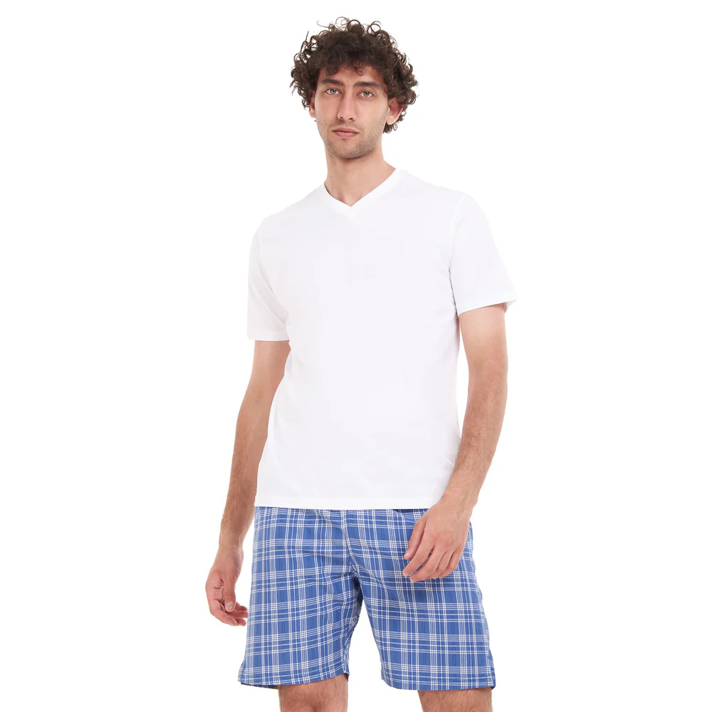 Men summer pajama set White T-shirt + Blue x White Checkered short - Image 2