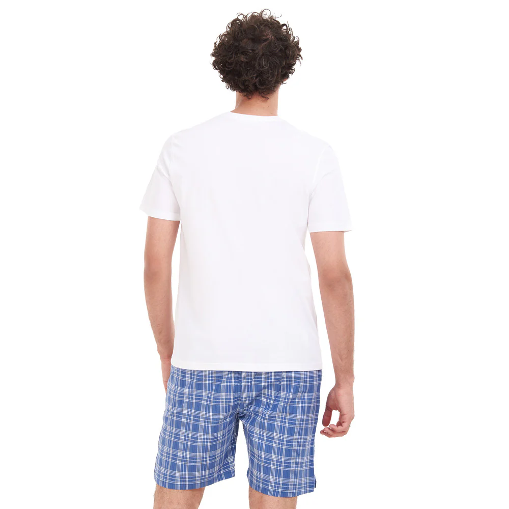 Men summer pajama set White T-shirt + Blue x White Checkered short - Image 3