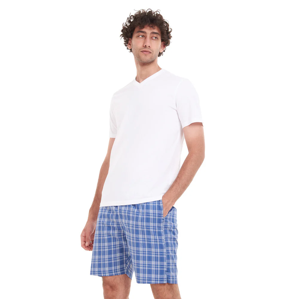 Men summer pajama set White T-shirt + Blue x White Checkered short - Image 4