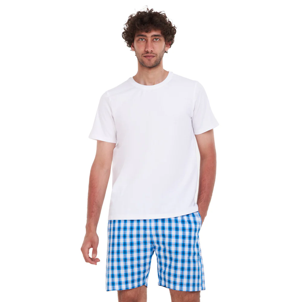 Men summer pajama set White T-shirt +Blue x White Checkered short - Image 2