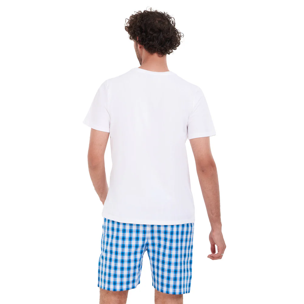 Men summer pajama set White T-shirt +Blue x White Checkered short - Image 3