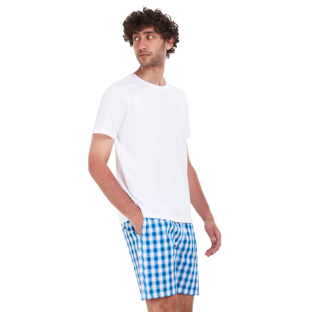 Men summer pajama set White T-shirt +Blue x White Checkered short - Image 4