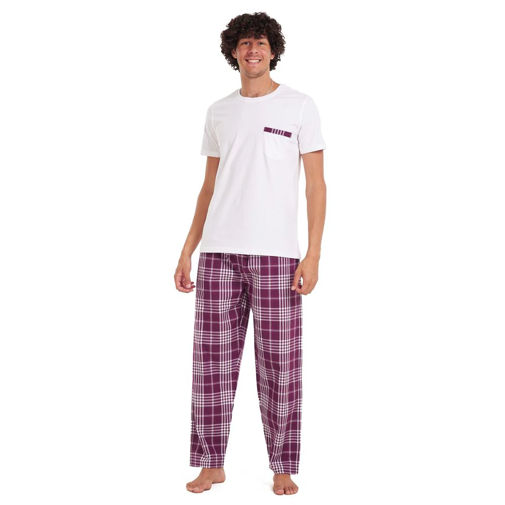 Men summer pajama set White T-shirt + Burgundy checkered pants - Image 2