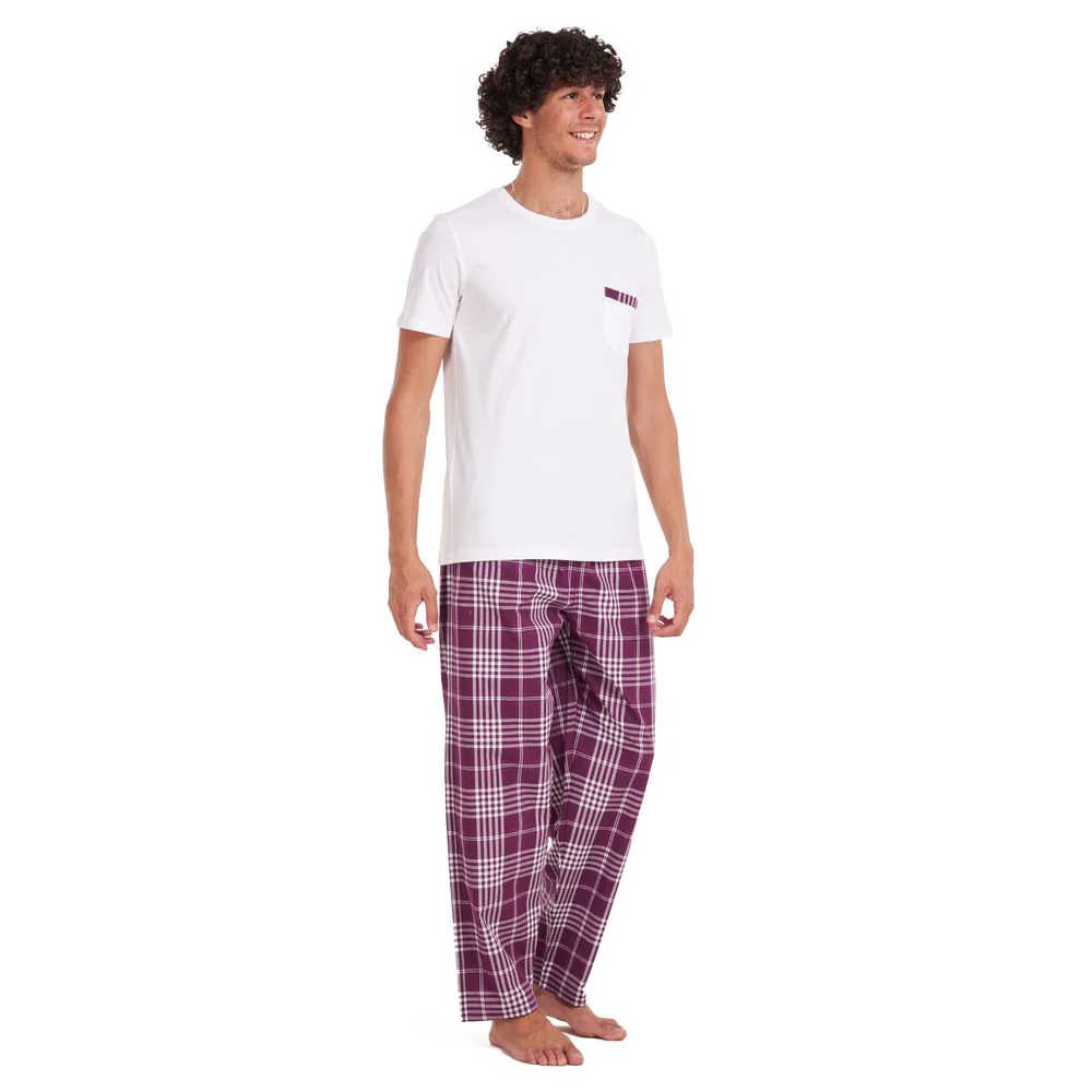 Men summer pajama set White T-shirt + Burgundy checkered pants - Image 3