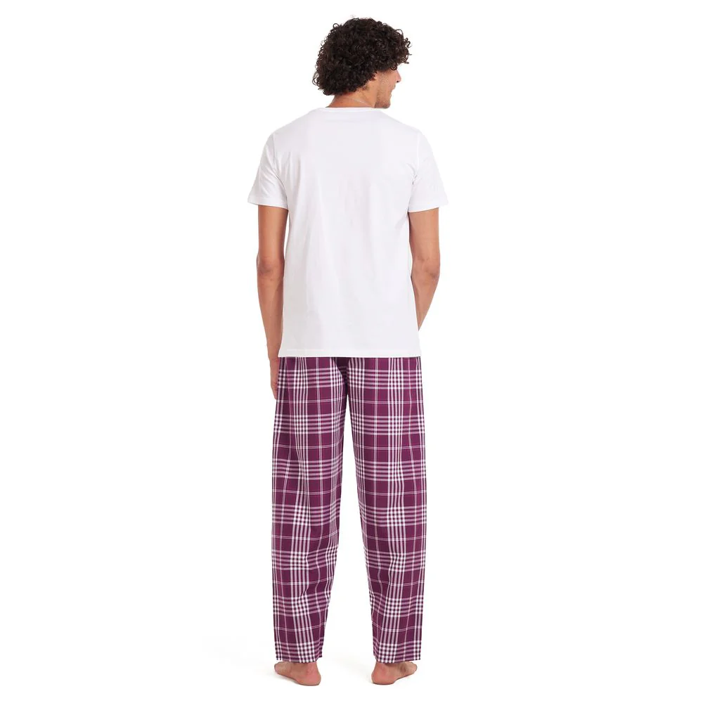 Men summer pajama set White T-shirt + Burgundy checkered pants - Image 4