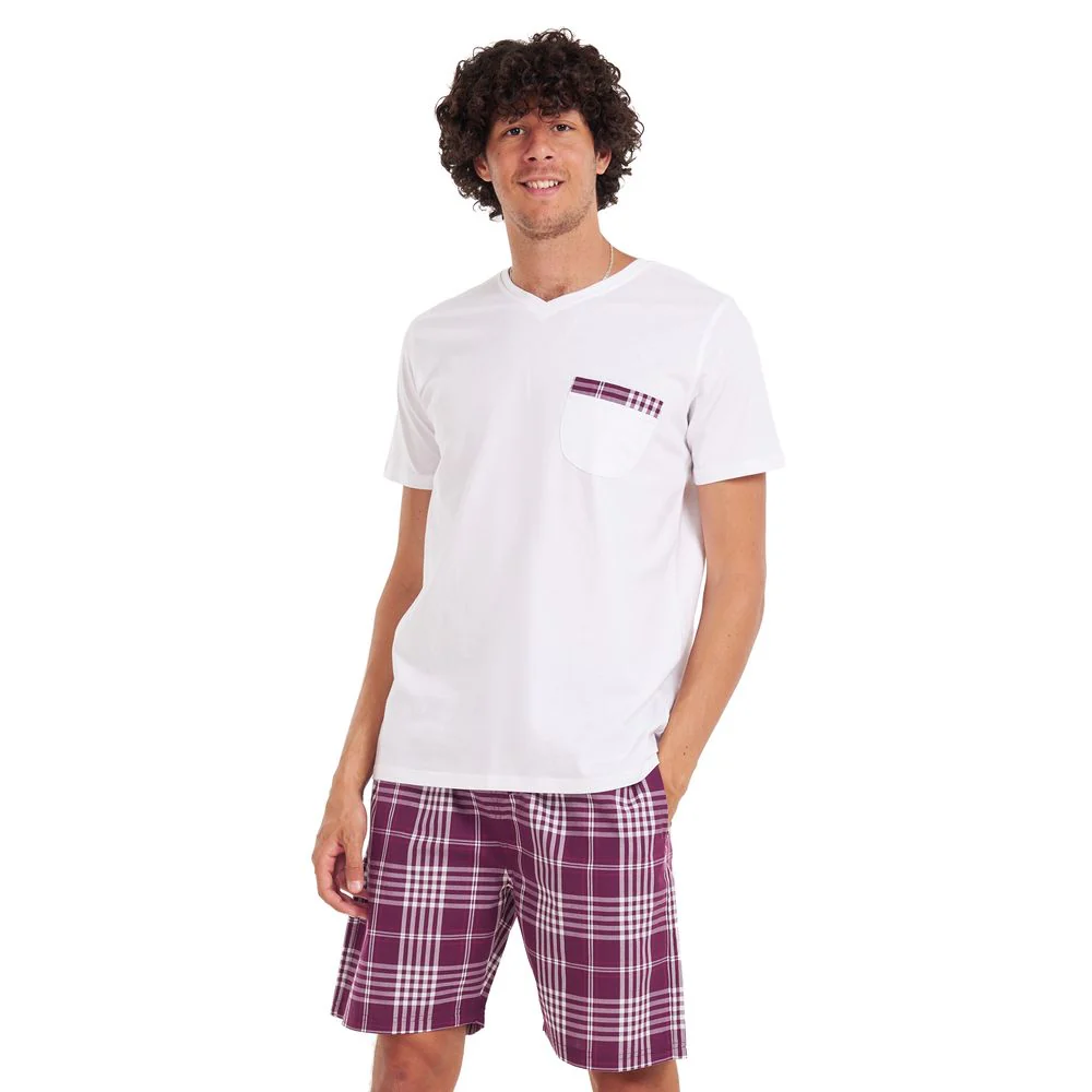Men summer pajama set White T-shirt +Burgundy checkered shorts